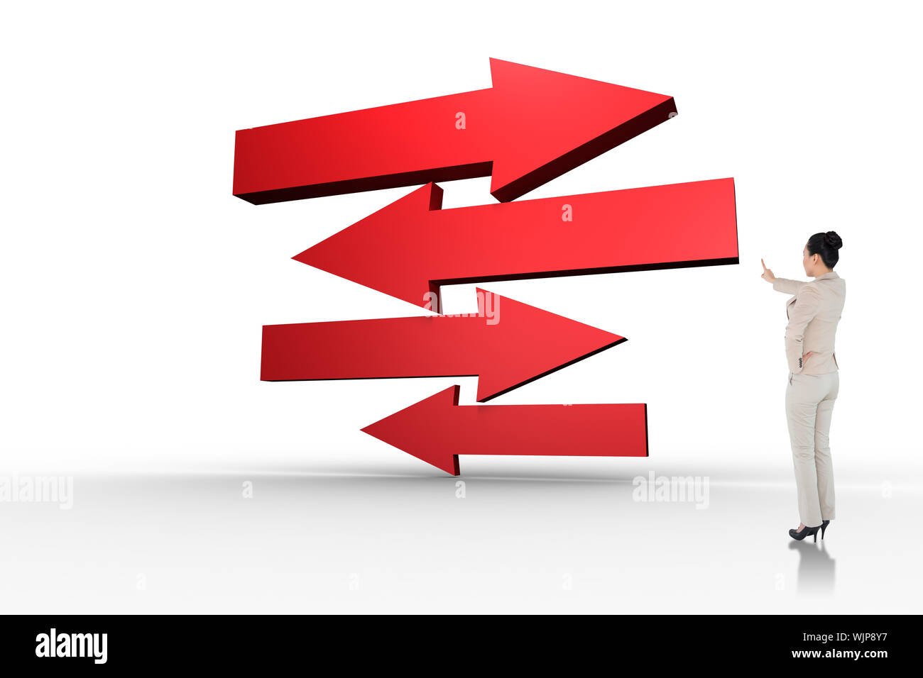 Asian businesswoman pointing against red arrows Stock Photo - Alamy