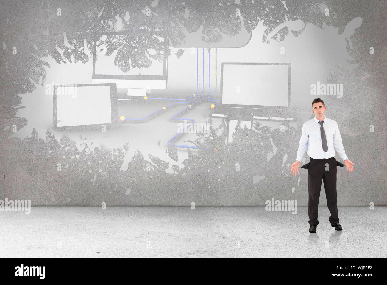 Businessman with empty pockets against splash on wall revealing cloud computing concept Stock Photo