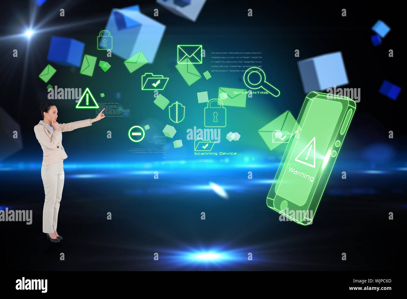 Thoughtful asian businesswoman pointing against boxes on technical background Stock Photo