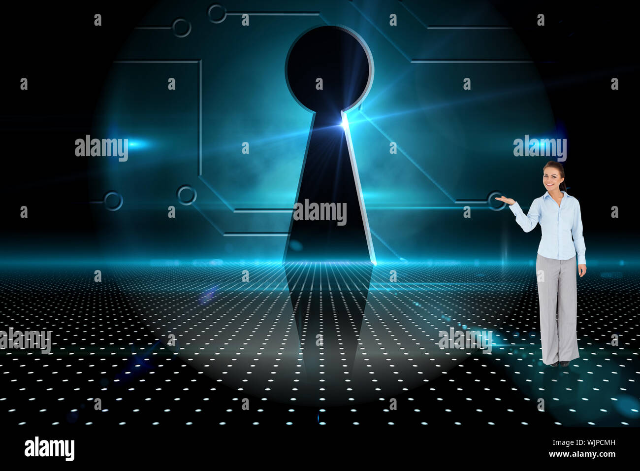 Businesswoman presenting against keyhole on technological background Stock Photo