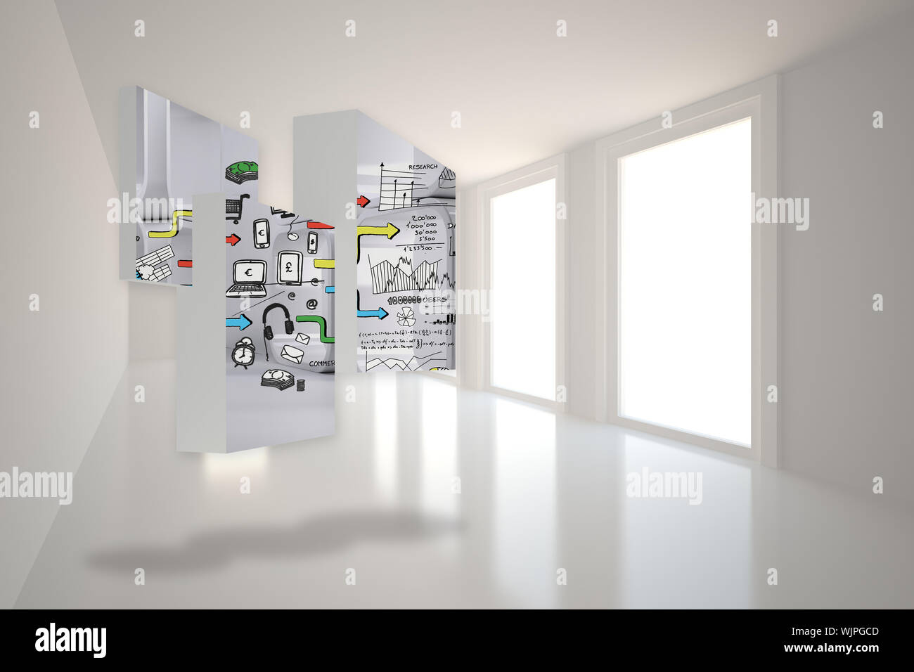 Media brainstorm on abstract screen against bright hall with windows ...