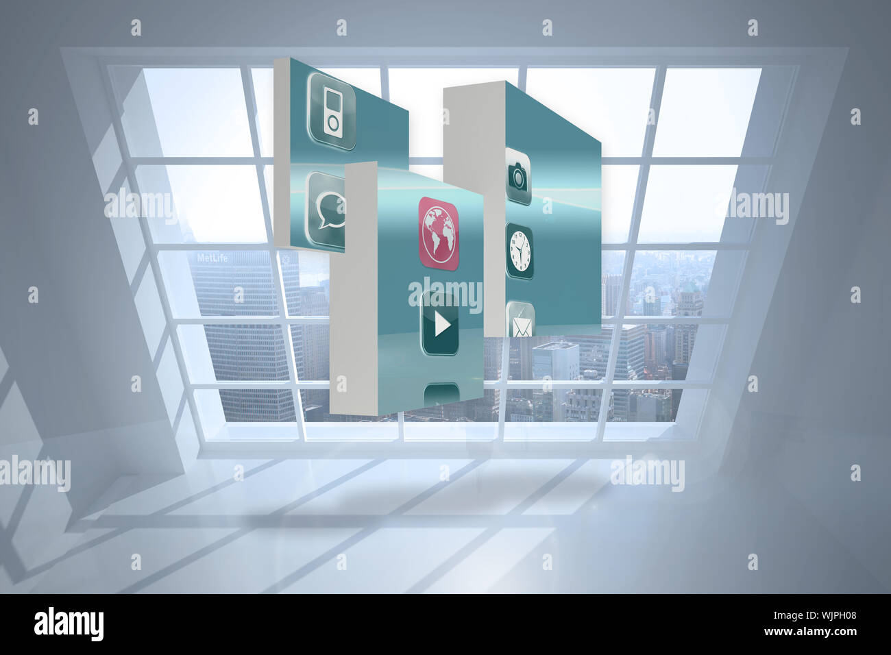Apps on abstract screen against room with large window showing city ...