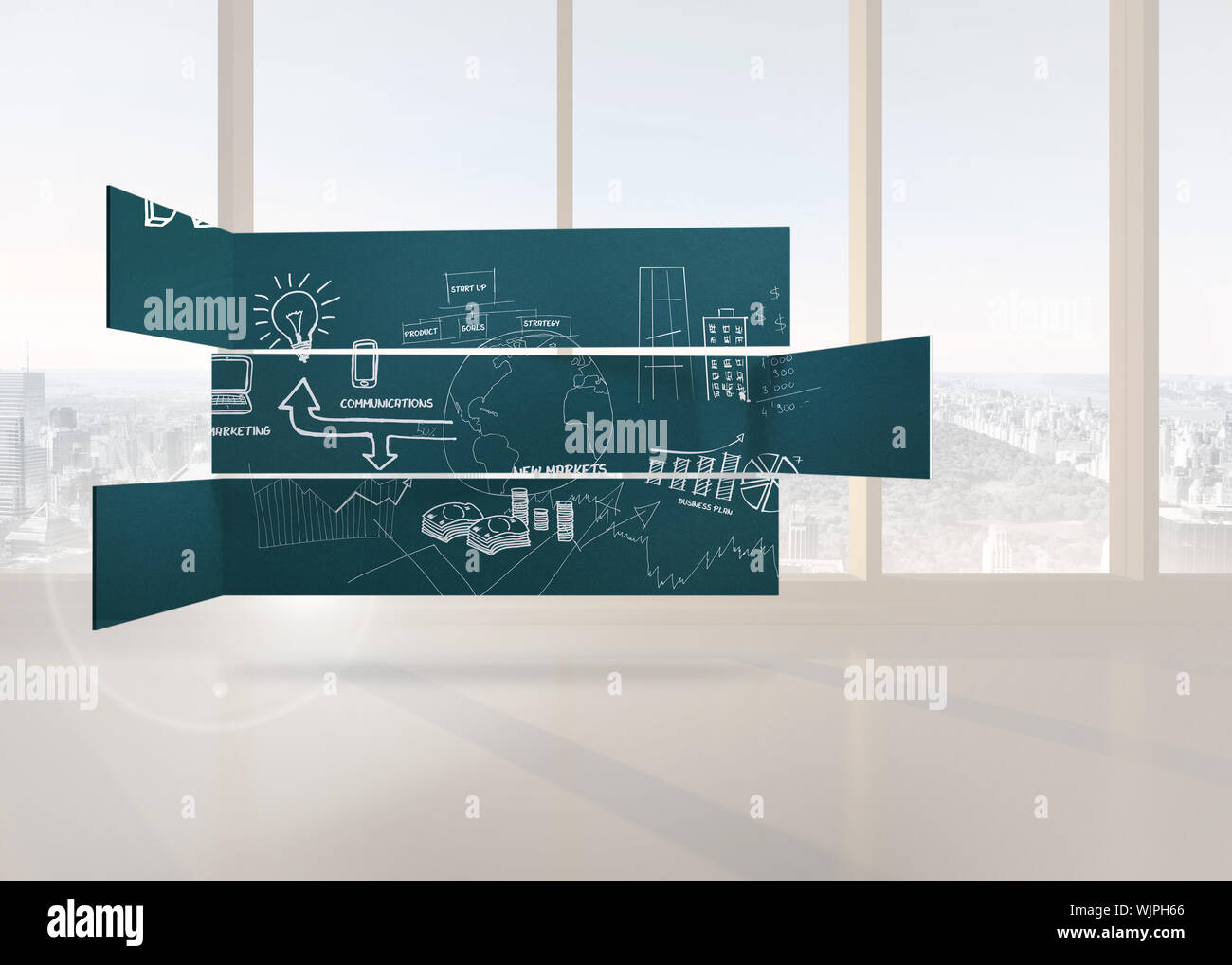 Brainstorm on abstract screen against bright white room with windows ...