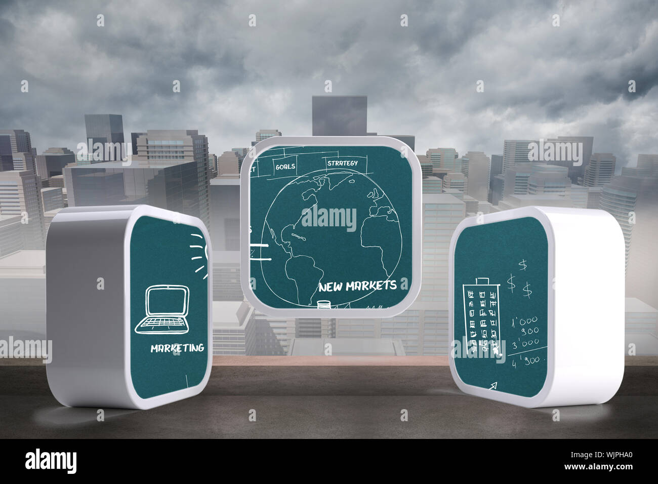 Brainstorm on abstract screen against cityscape in the fog Stock Photo ...