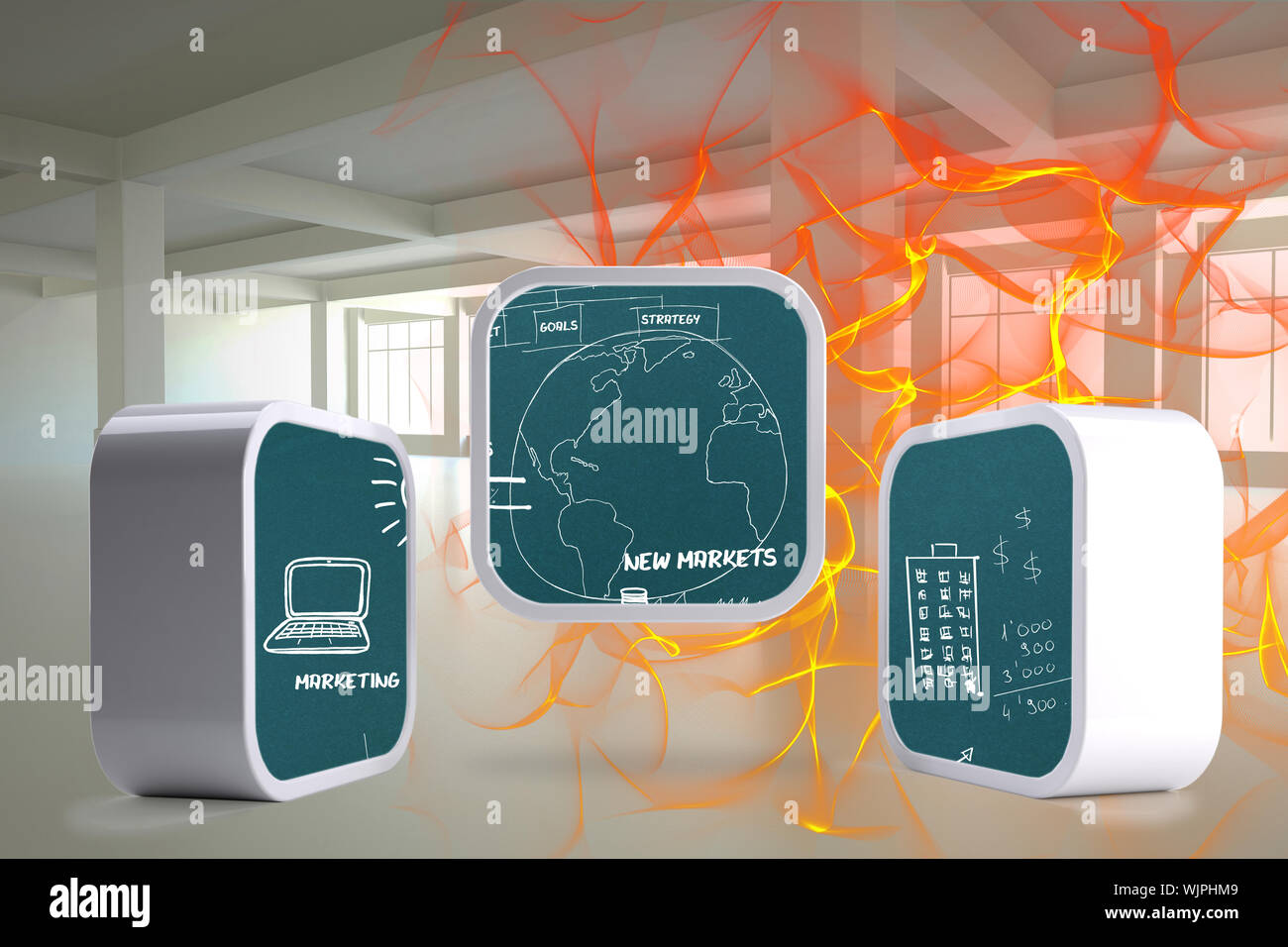 Brainstorm on abstract screen against white room with screen Stock ...
