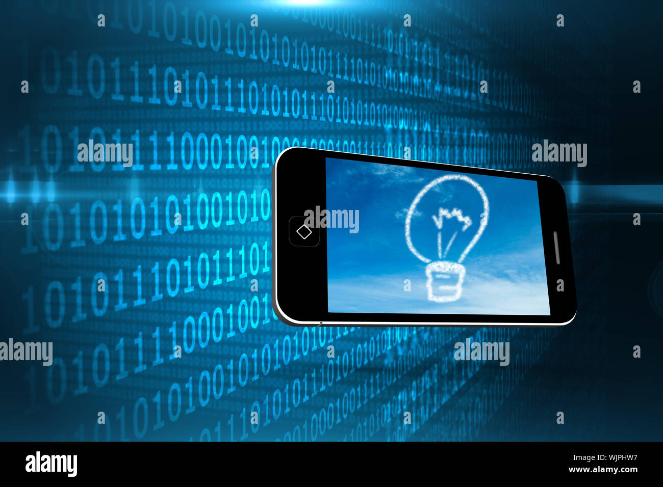 Cloud light bulb on smartphone screen against shiny blue binary code on black background Stock Photo