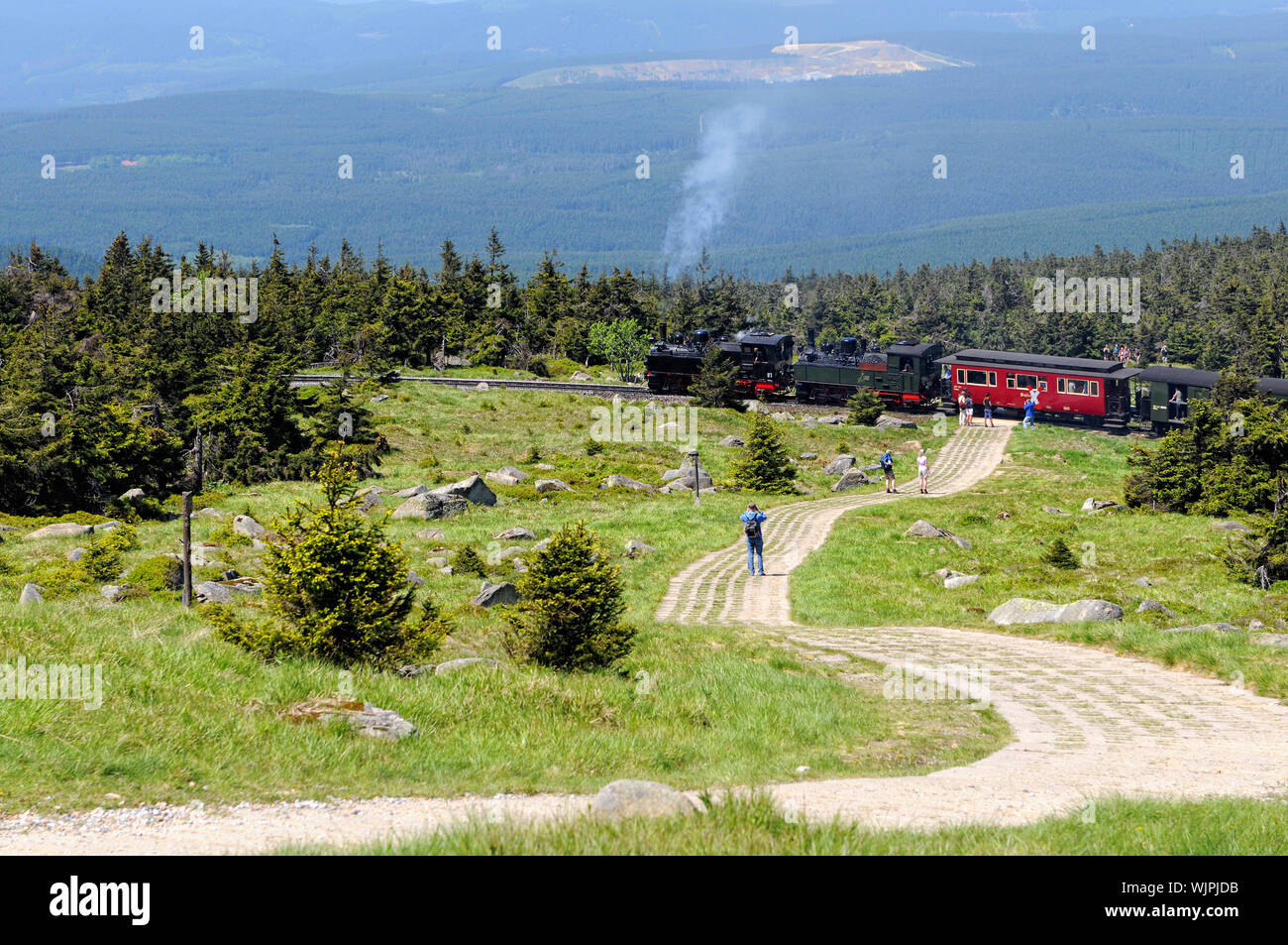 High Angle View Of Steam Train Moving At Harz National Park Stock Photo