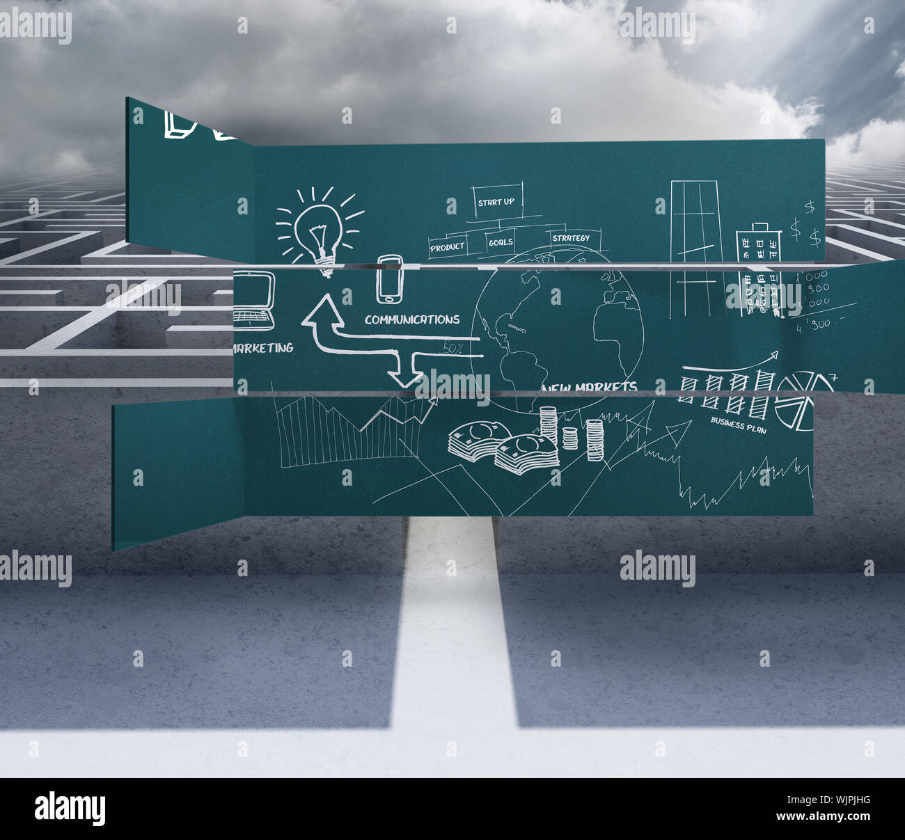 Brainstorm on abstract screen against big 3d maze under clouds Stock ...