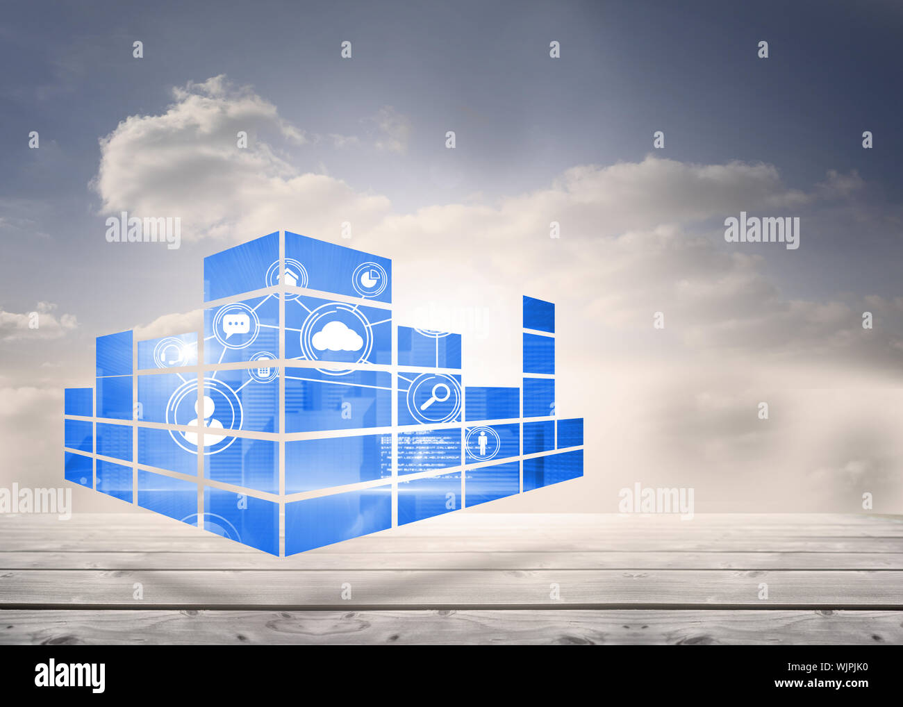 Interface on abstract screen against room with large window showing ...