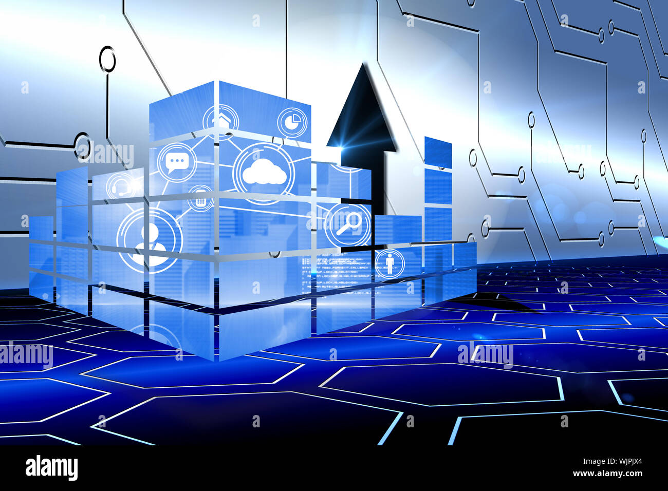 Interface on abstract screen against arrow on technological background Stock Photo