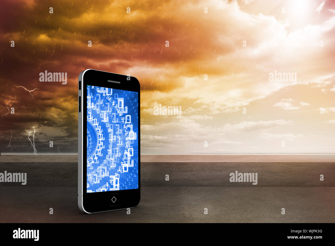 Binary code on smartphone screen against balcony and stormy sky Stock Photo