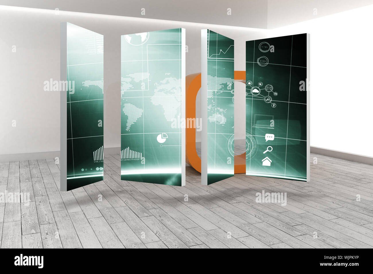 Interface on abstract screen against orange structure in a grey room ...