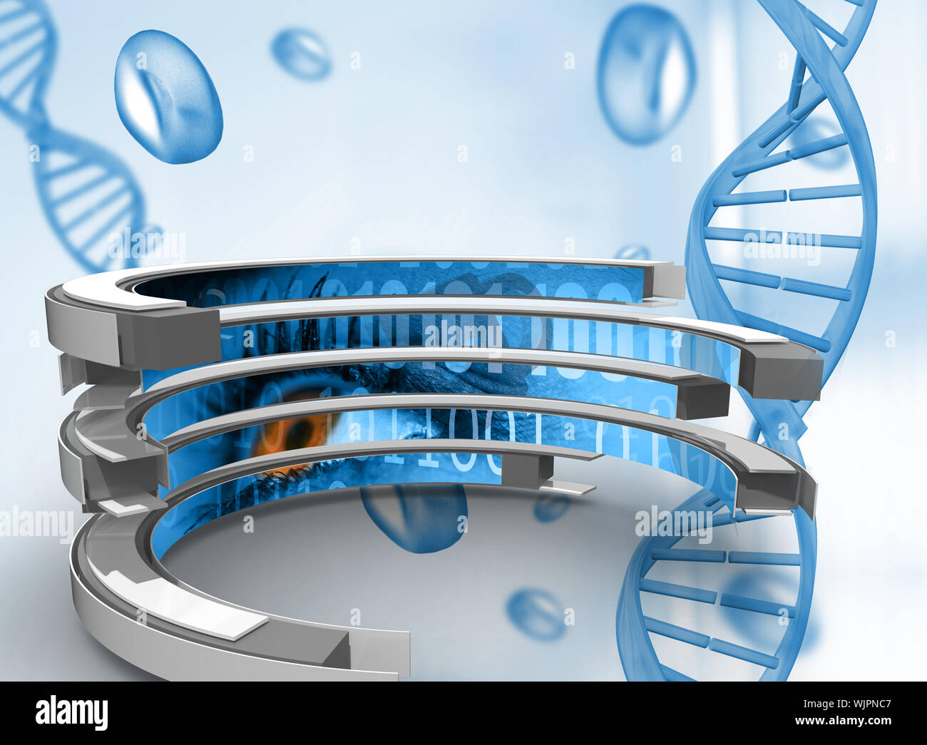 Binary code on abstract screen against blue chromosomes on blue background Stock Photo