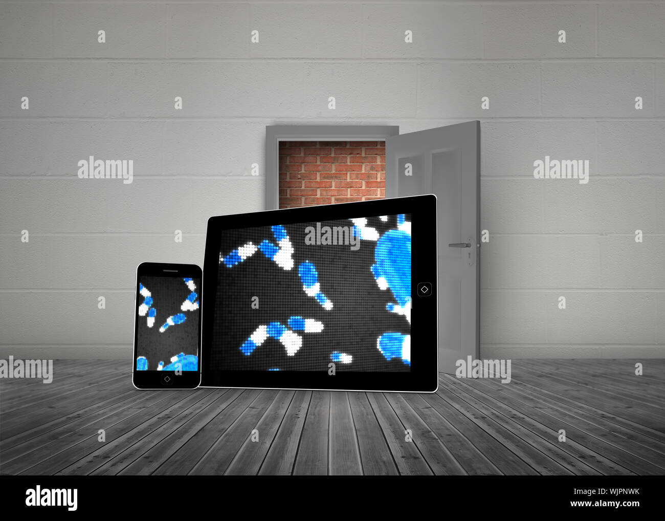 Falling pills on tablet and smartphone screens against open door with