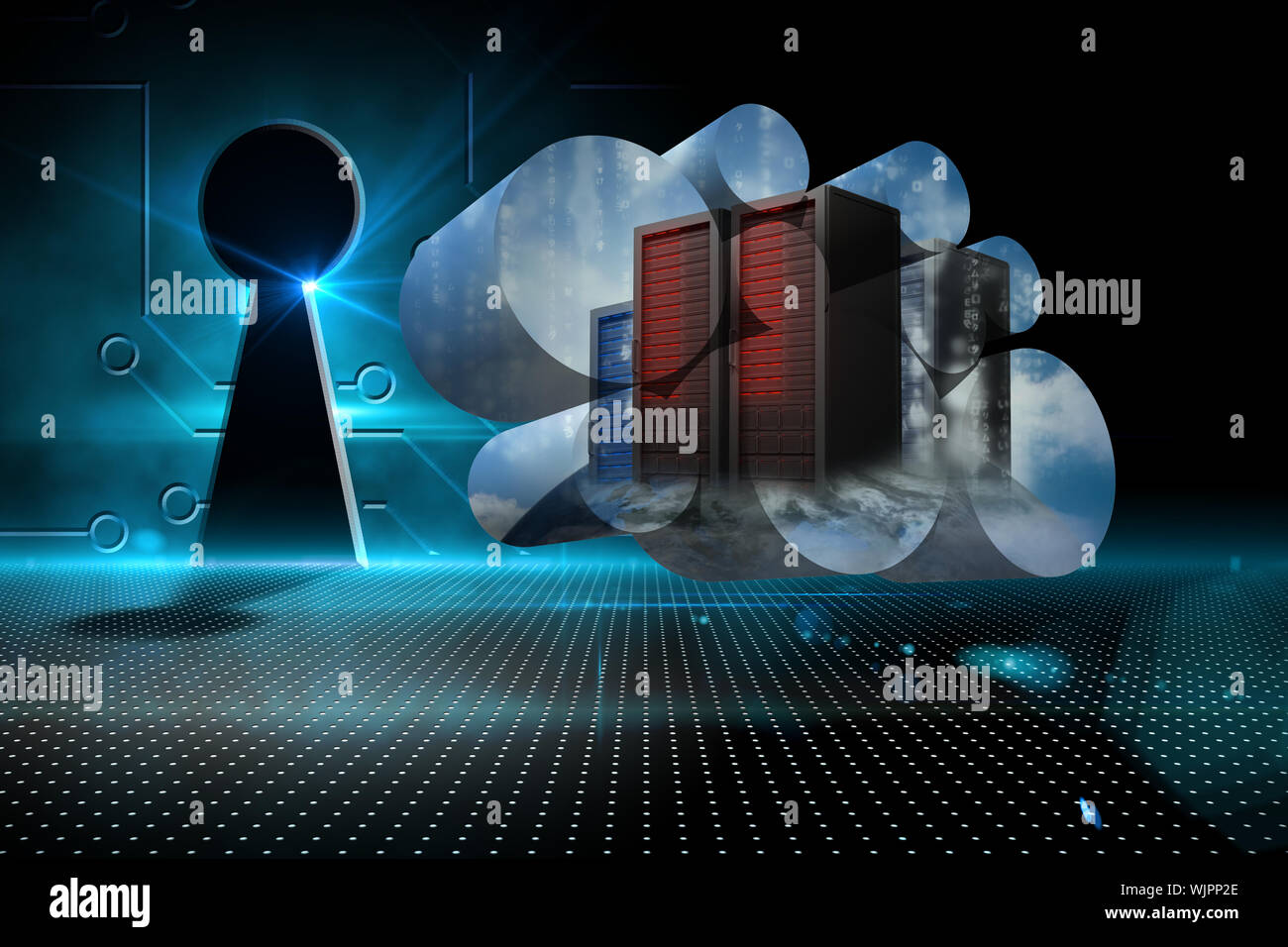 Server towers on abstract screen against keyhole on technological background Stock Photo