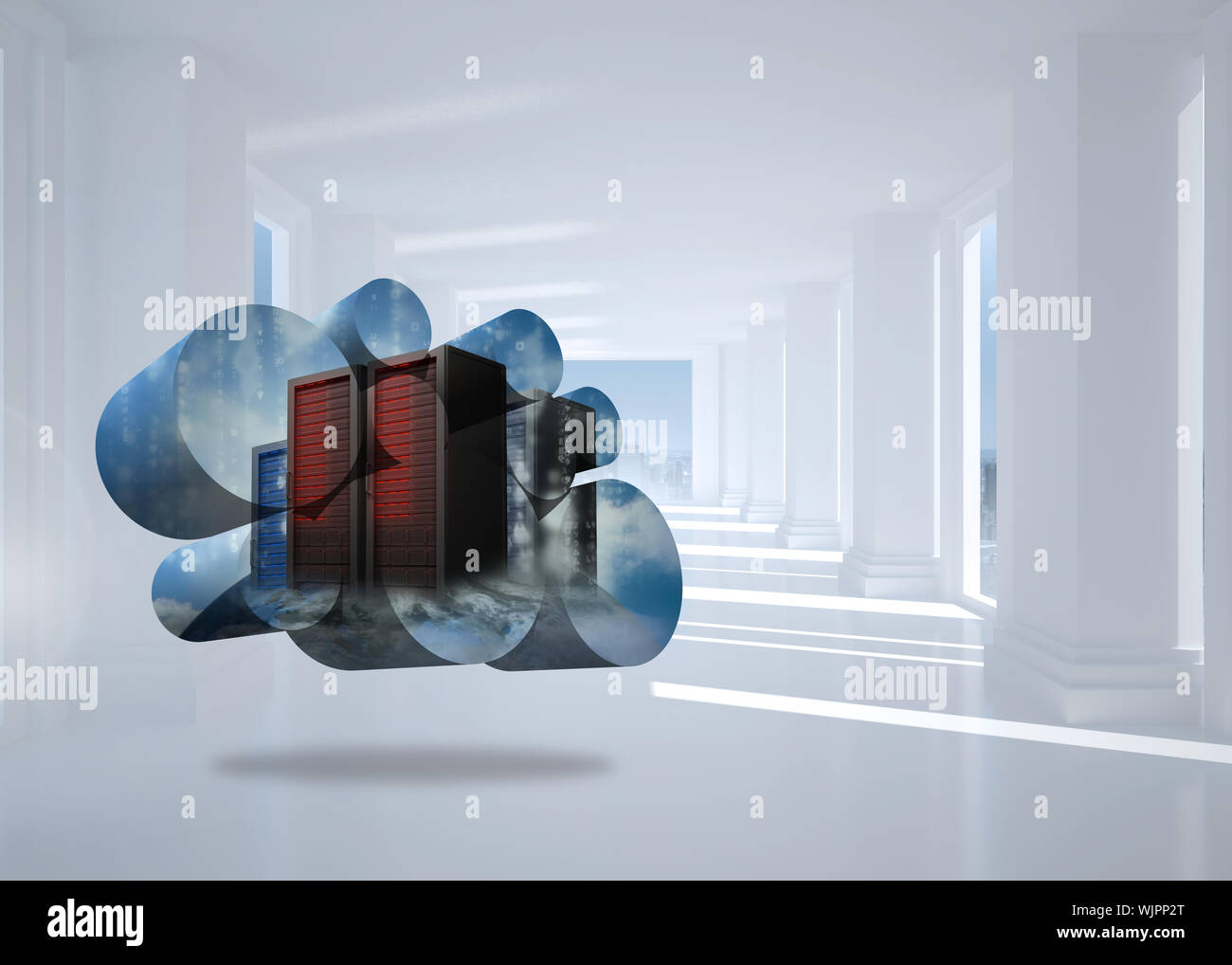 Server towers on abstract screen against bright white hall with columns Stock Photo