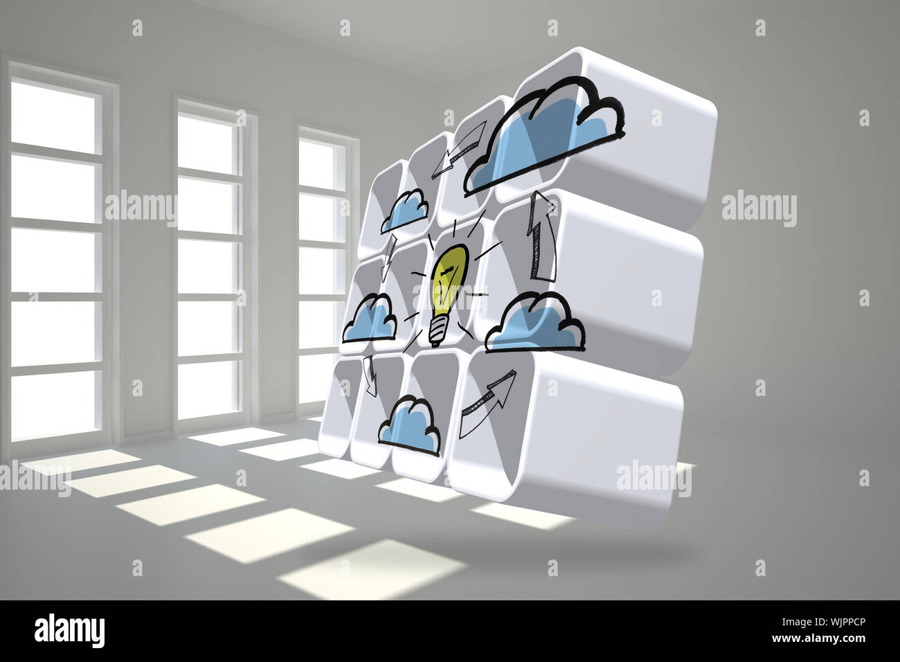 Cloud computing idea cycle on abstract screen against dark white room Stock Photo