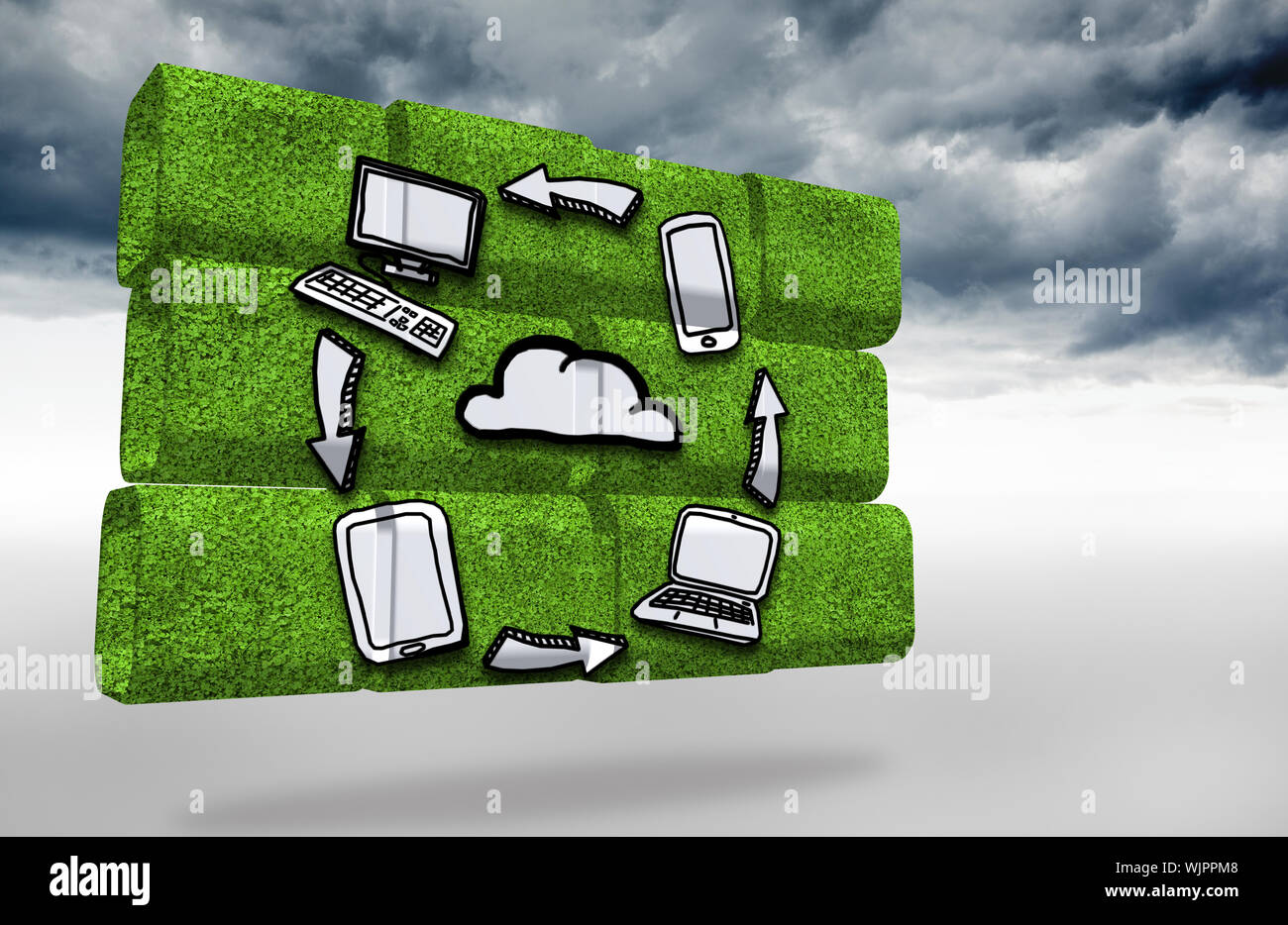 Cloud computing cycle on abstract screen against cloudy sky background Stock Photo