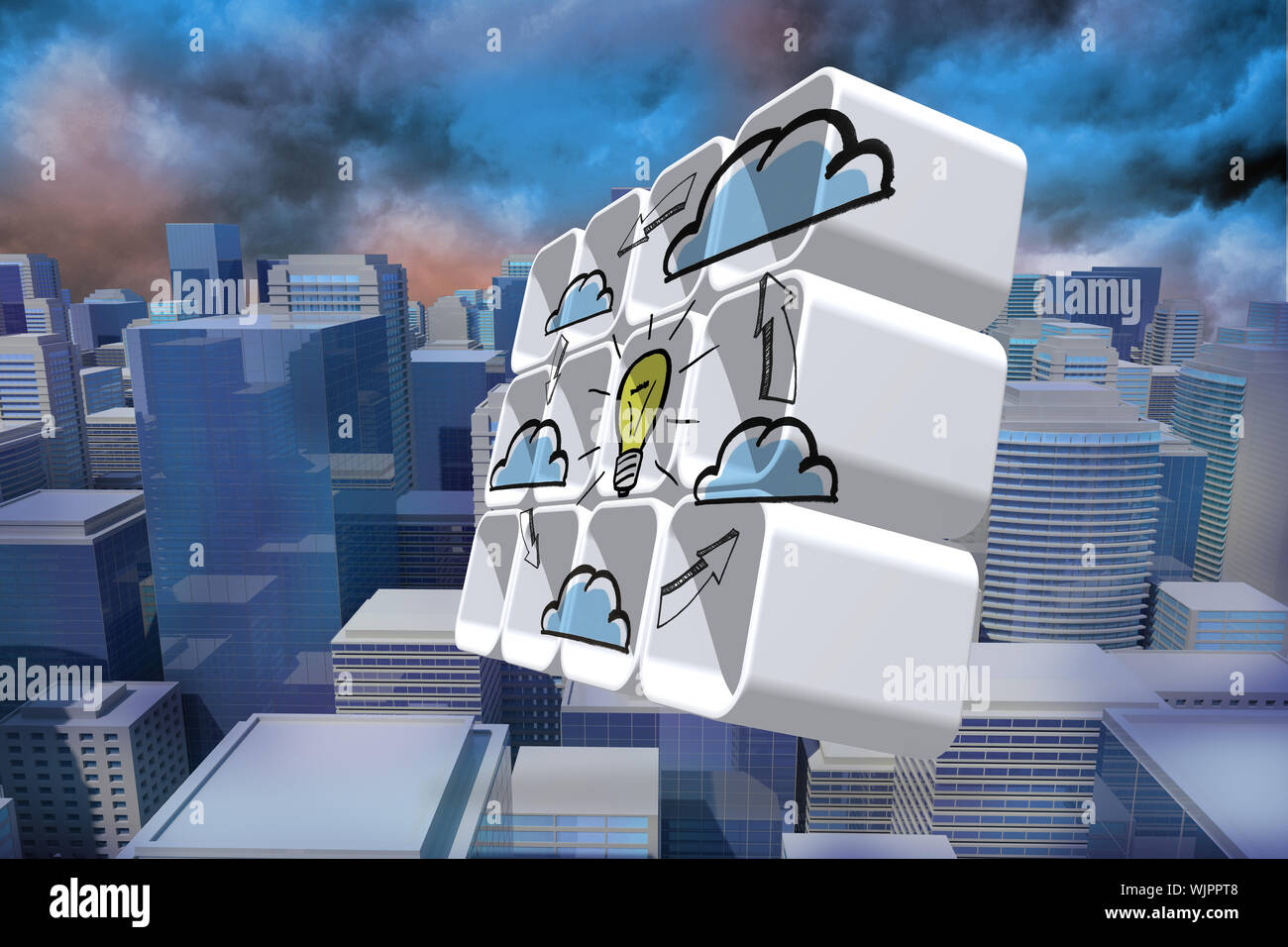 Cloud computing idea cycle on abstract screen against digitally generated cityscape Stock Photo