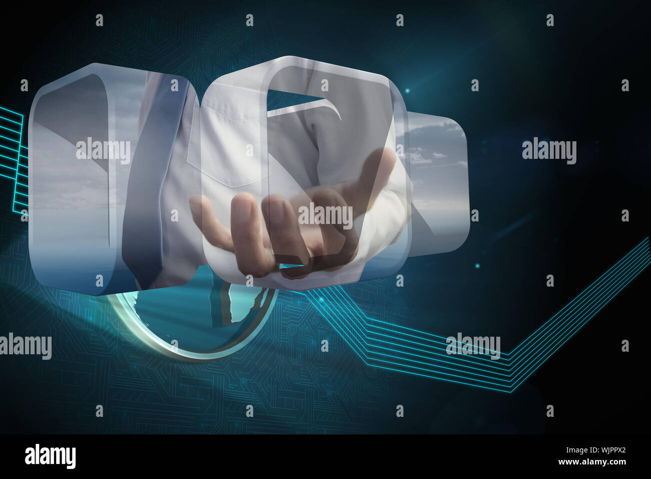 Businessmans hand on abstract screen against shiny globe on black background Stock Photo