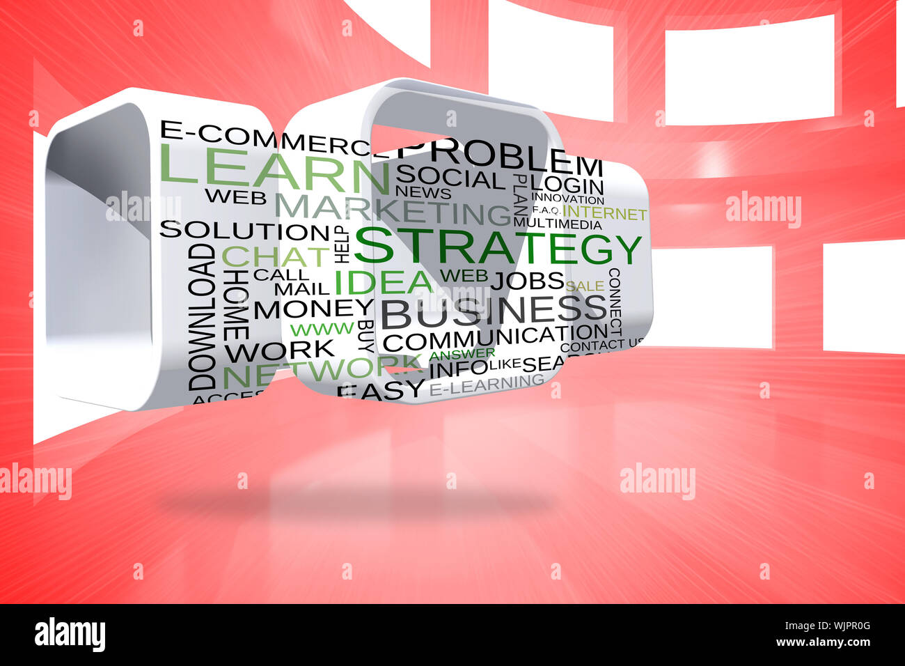 Business buzzwords on abstract screen against bright red room with windows Stock Photo