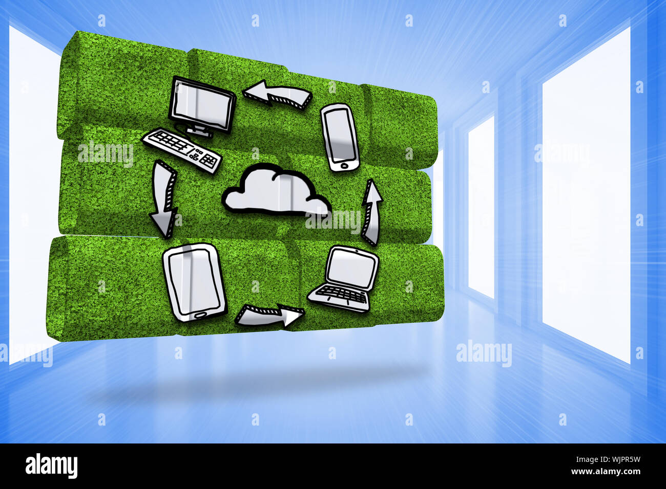 Cloud computing cycle on abstract screen against bright blue hall with windows Stock Photo