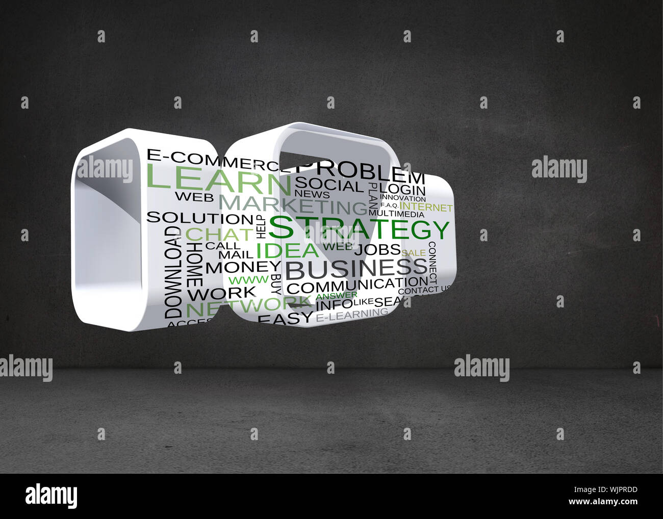 Composite image of business buzzwords on abstract screen against black wall Stock Photo