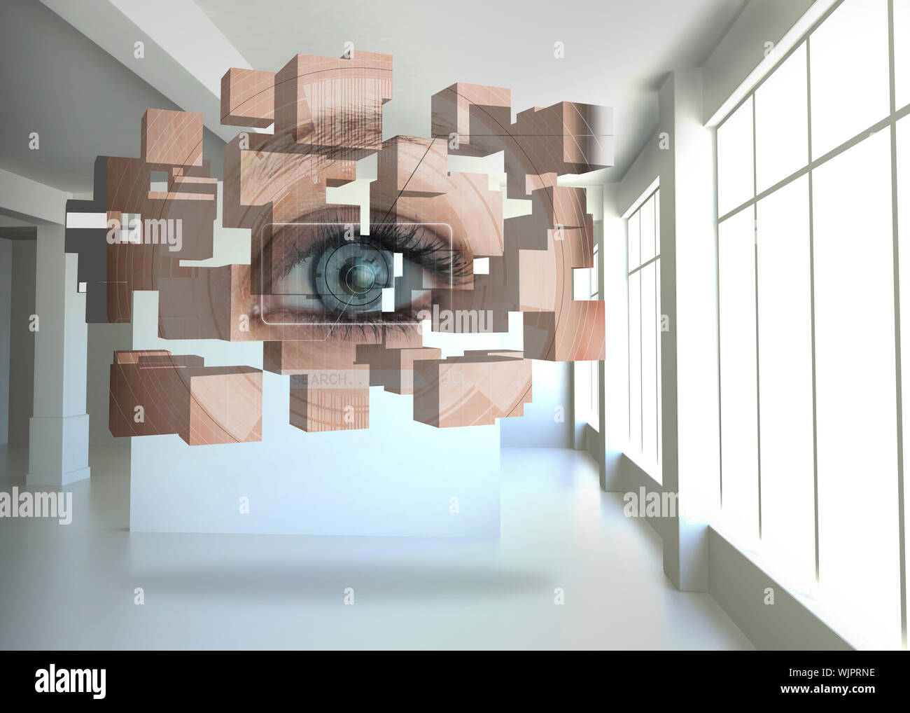 Eye analysis on abstract screen against white room with screen Stock Photo