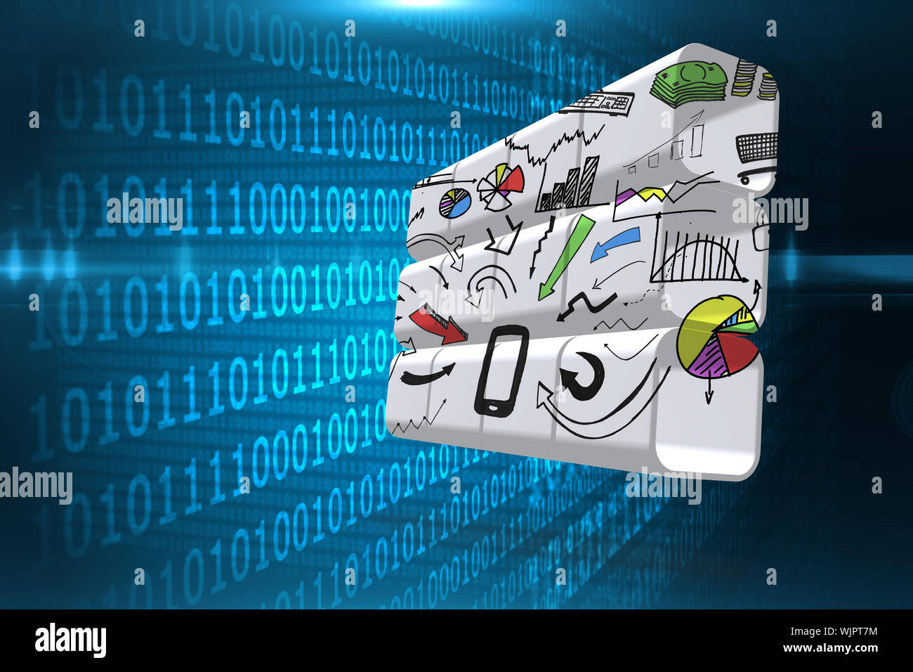 Media device brainstorm on abstract screen against shiny blue binary code on black background Stock Photo