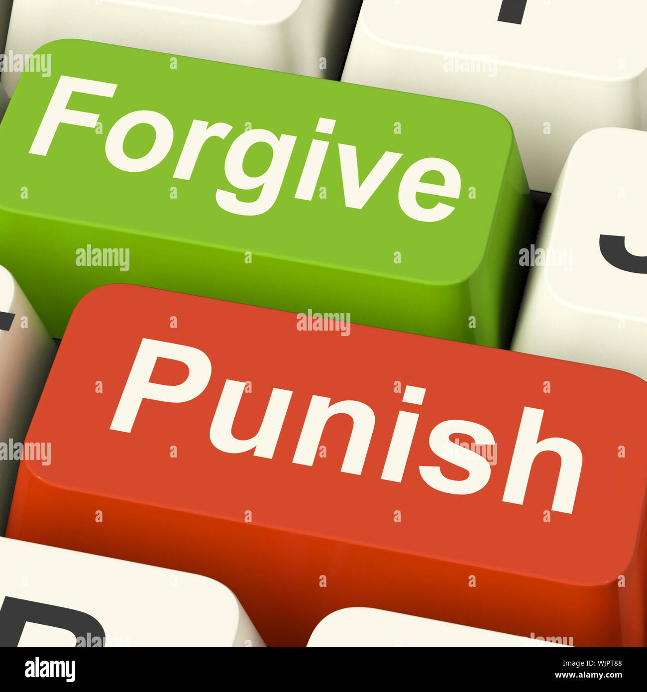 Punish Forgive Keys Showing Punishment or Forgiveness Stock Photo