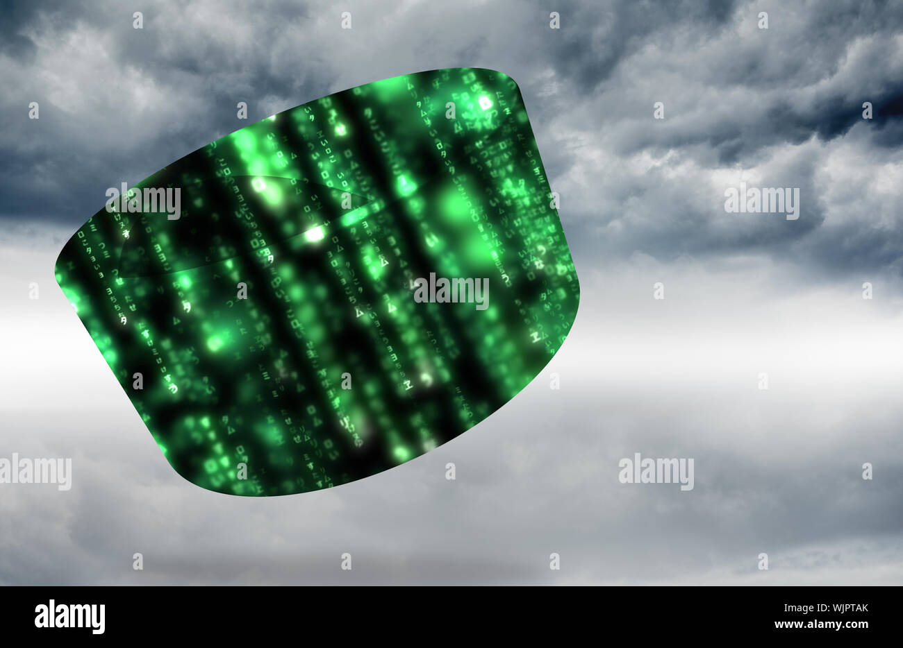 Green matrix on abstract screen against cloudy sky background Stock Photo
