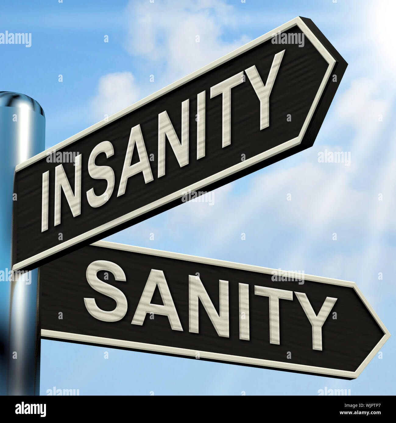 Insanity Sanity Signpost Showing Crazy Or Psychologically Sound Stock Photo