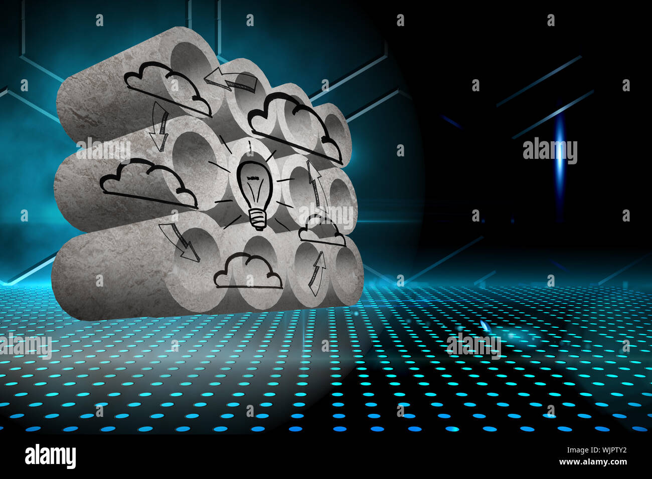 Cloud computing cycle on abstract screen against technological black and blue background Stock Photo