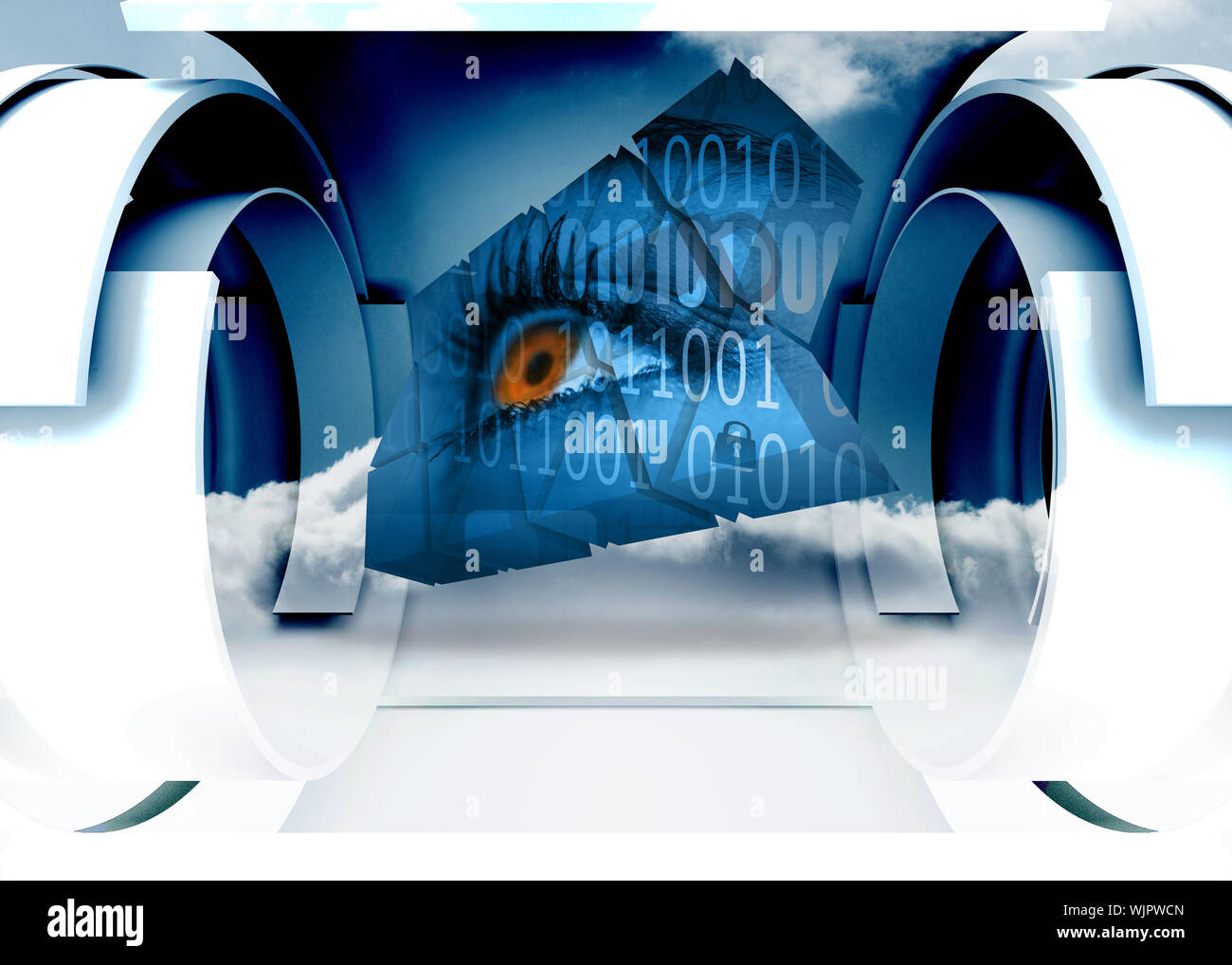 Eye and binary code on abstract screen against cloud in a futuristic structure Stock Photo