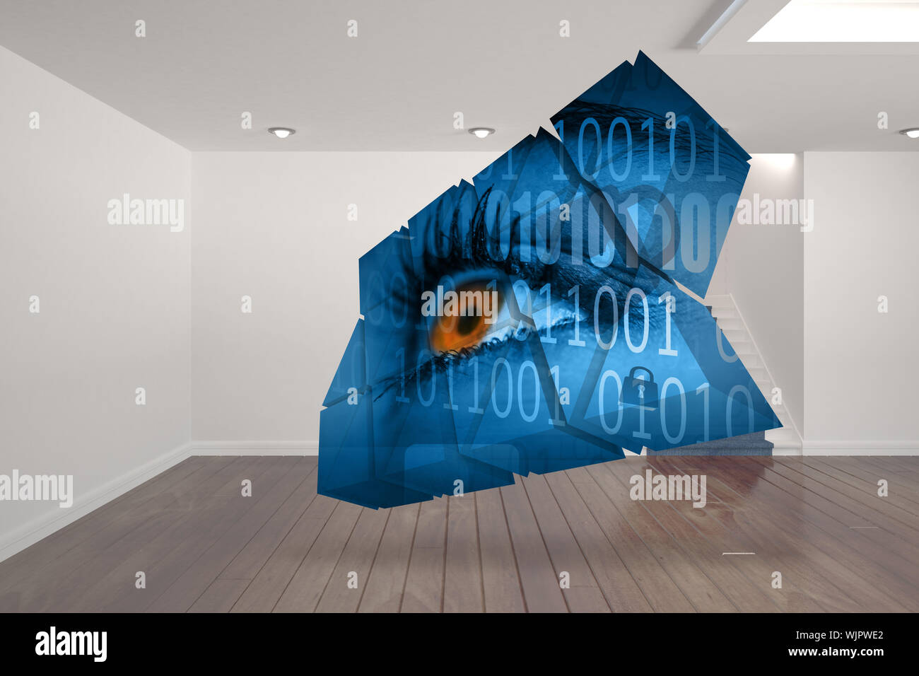 Eye and binary code on abstract screen against digitally generated room ...