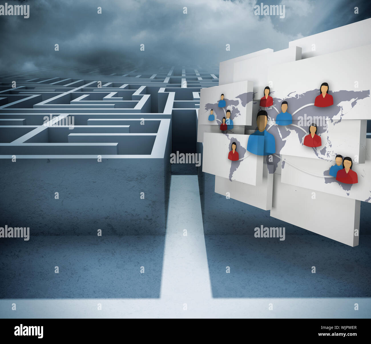 International community on abstract screen against big 3d maze under clouds Stock Photo