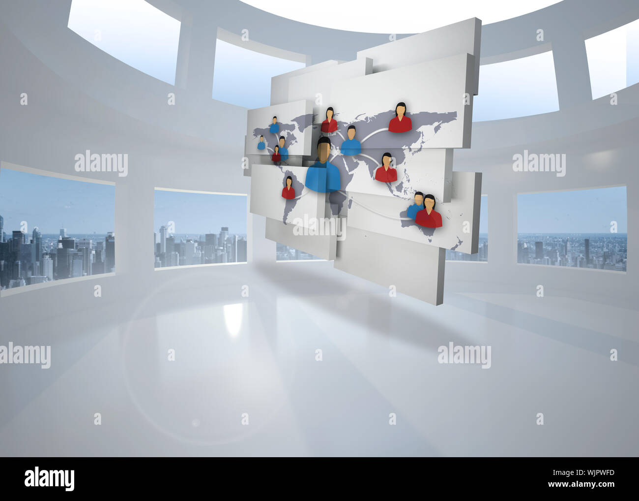 International community on abstract screen against bright white room ...