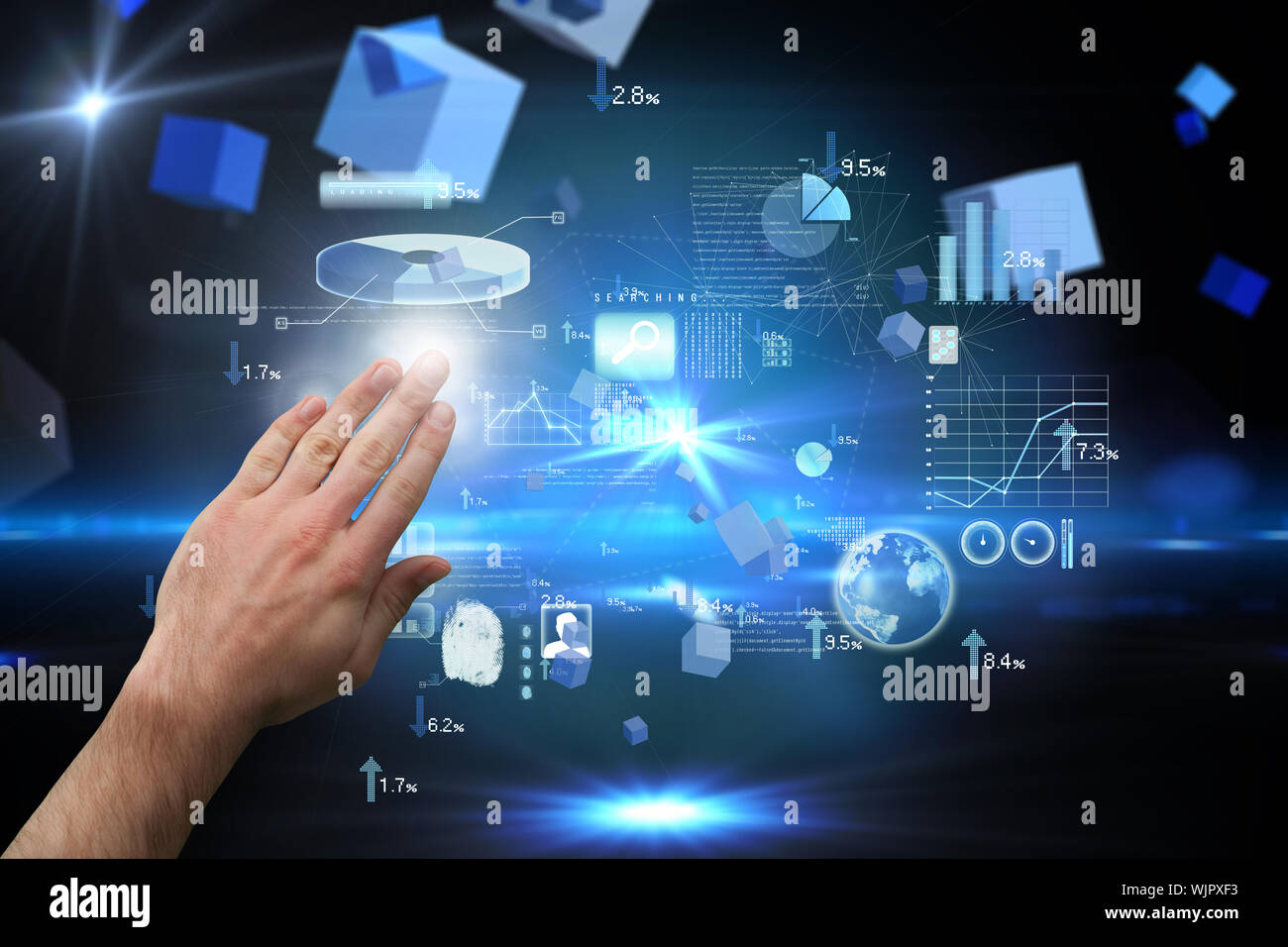 Hand presenting against boxes on technical background Stock Photo