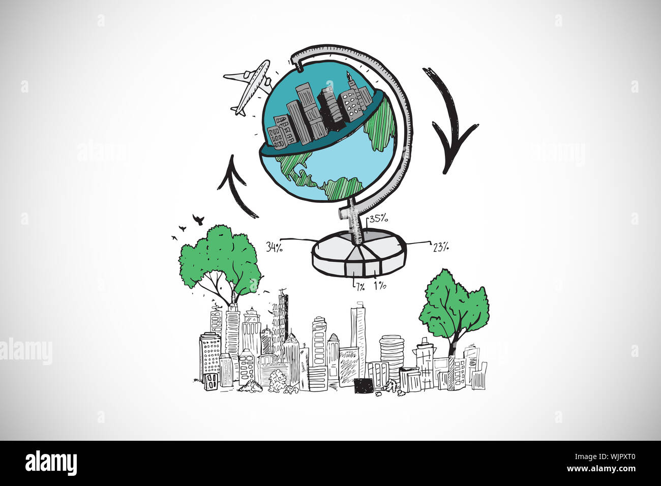 Global travel doodle over cityscape against white background with