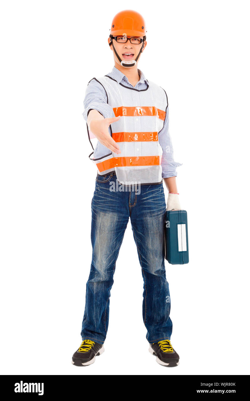 Male worker  holding  tool box and handshake pose Stock Photo