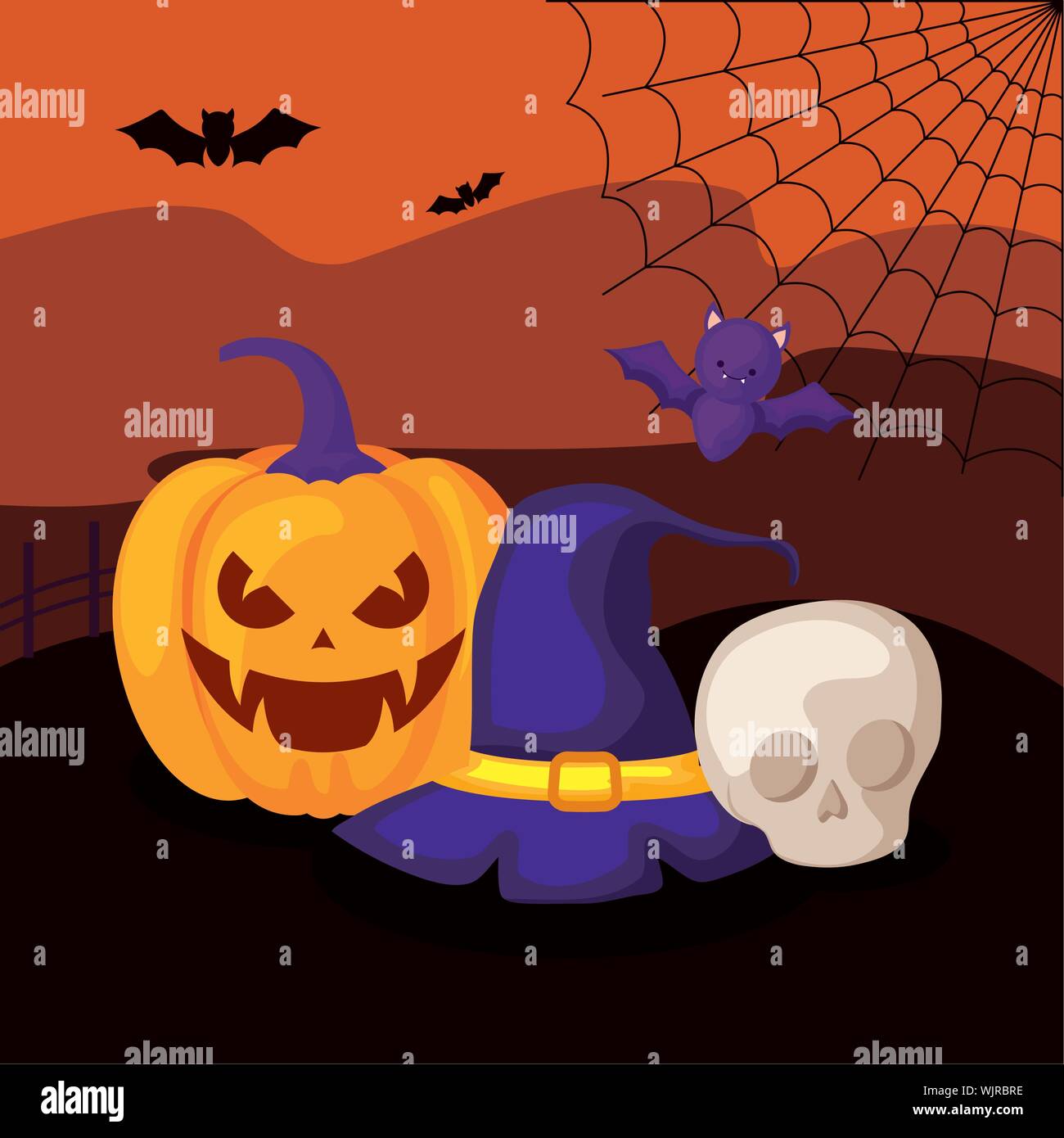 pumpkin with hat witch in halloween scene vector illustration design ...
