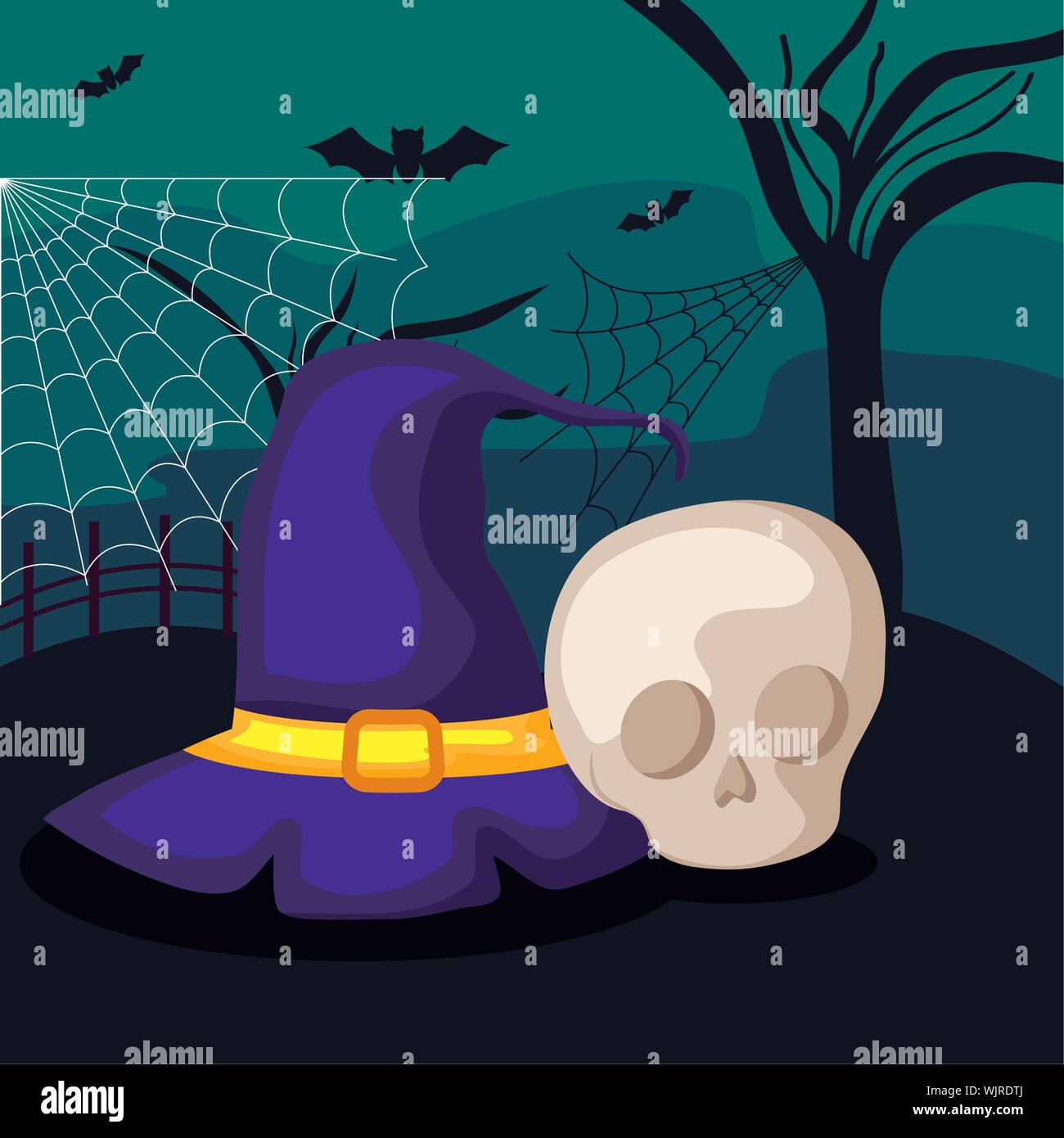 witch hat with skull in scene halloween vector illustration design ...