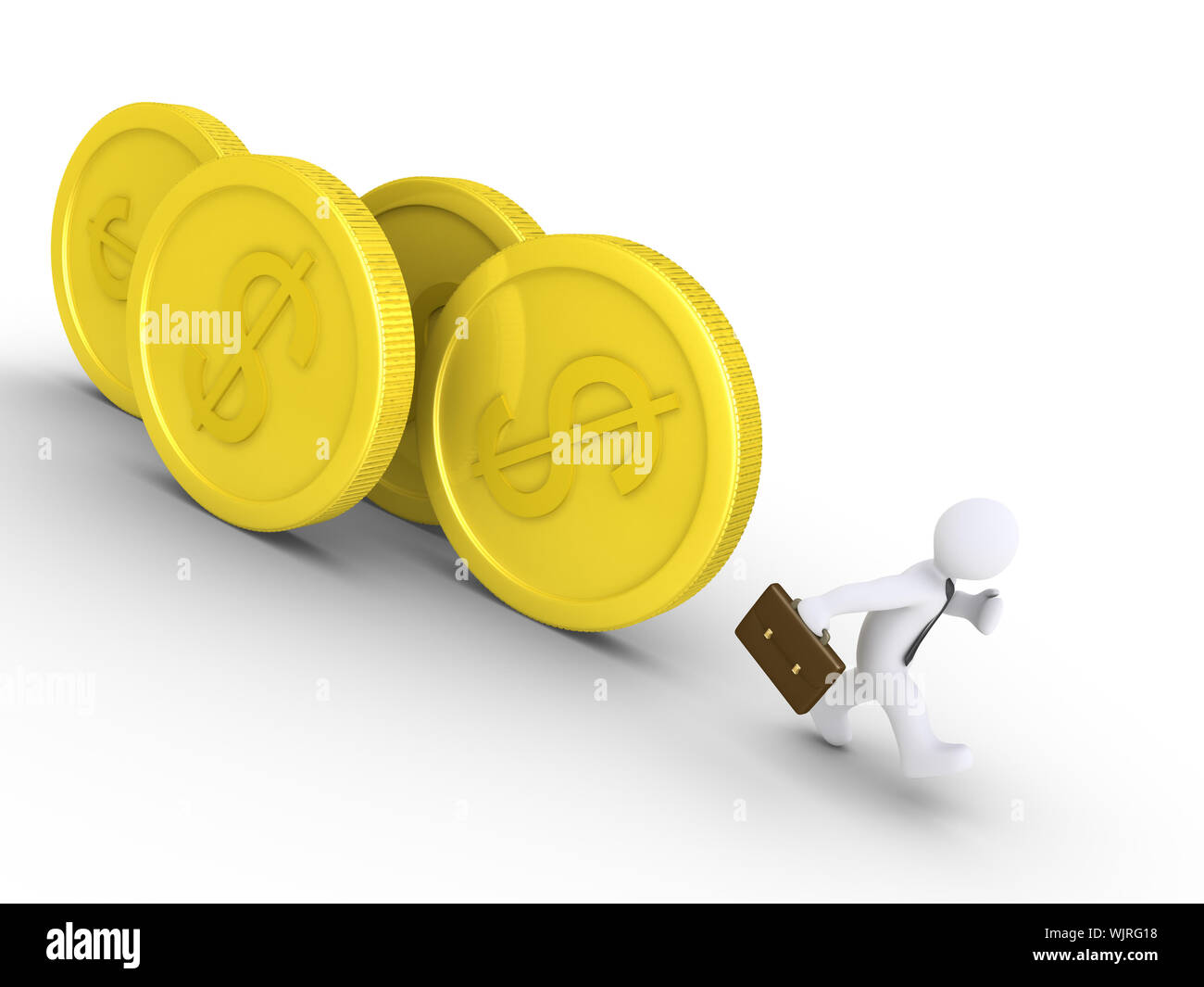 3d businessman is being chased by rolling dollar coins Stock Photo