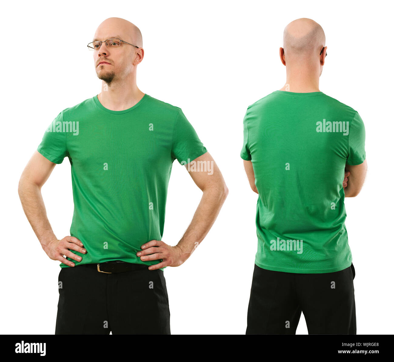Photo of a man wearing blank green t-shirt, front and back. Ready for ...