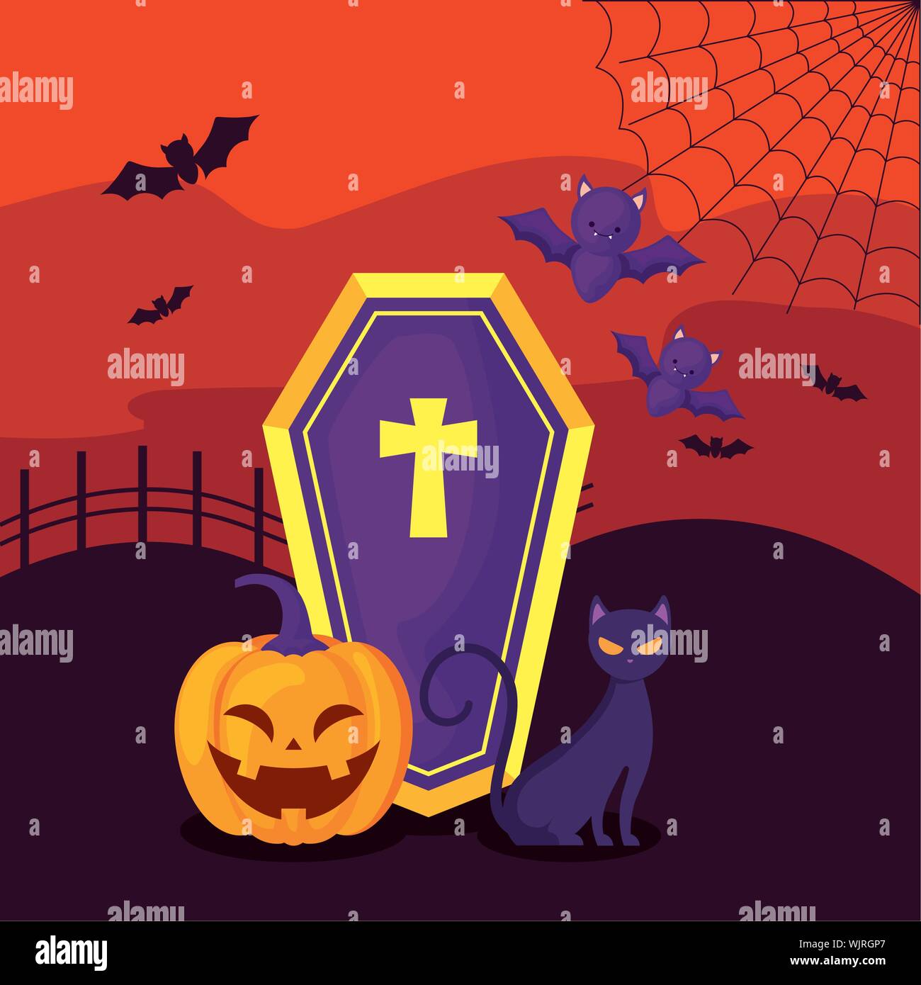 pumpkin with coffin and cat in scene halloween vector illustration ...