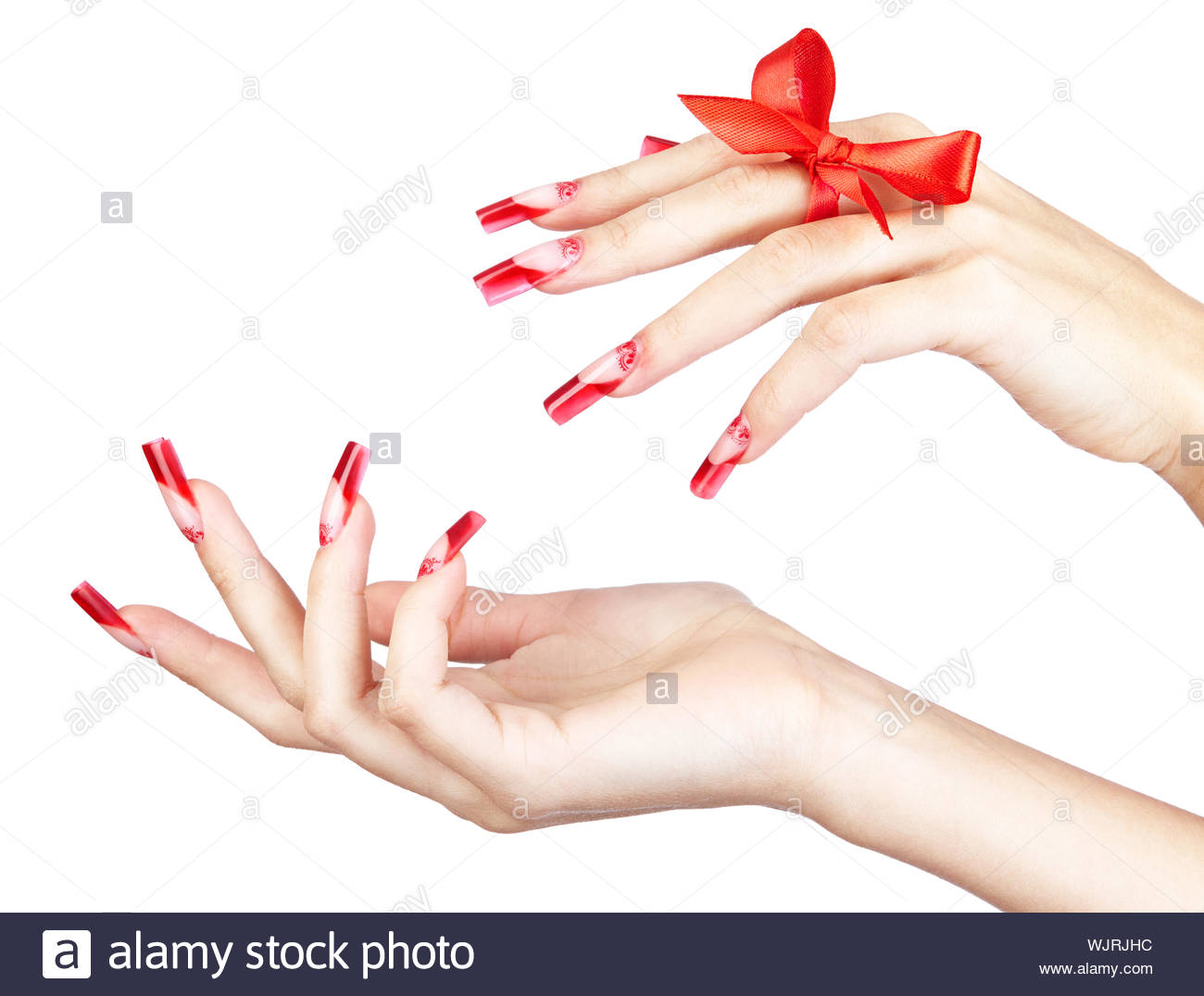 Hands With Red French Acrylic Nails Manicure And Painting With Bow On Finger Isolated White Background Stock Photo Alamy