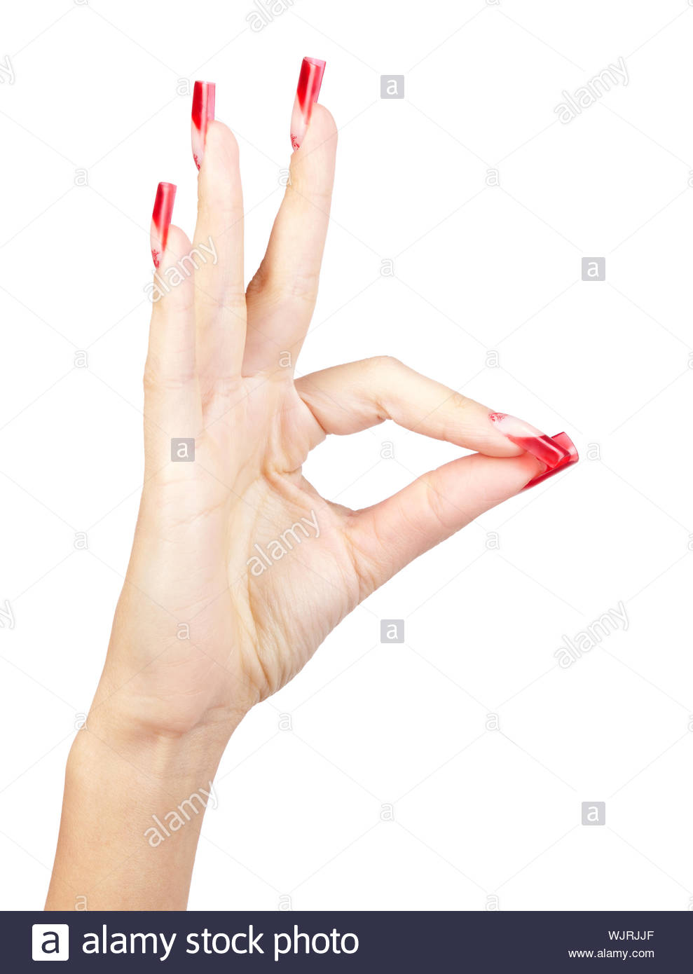Hand With Red French Acrylic Nails Manicure And Painting Isolated White Background Stock Photo Alamy
