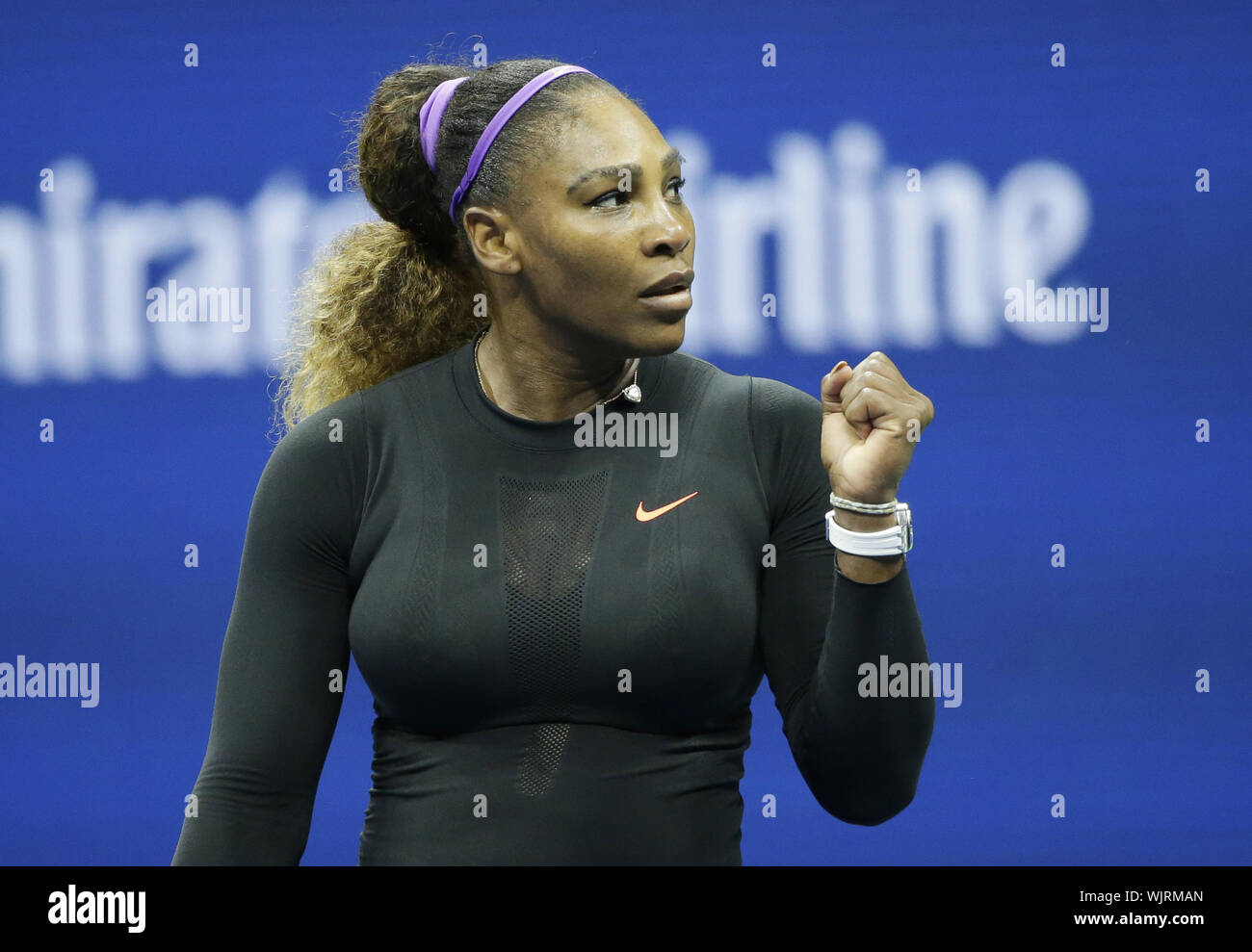 Flushing Meadow, United Stated. 03rd Sep, 2019. Serena Williams pumps her fist after defeating Qiang Wang of China in the quarterfinals in Arthur Ashe Stadium at the 2019 US Open Tennis Championships at the USTA Billie Jean King National Tennis Center on Tuesday, September 3, 2019 in New York City. Photo by John Angelillo/UPI Credit: UPI/Alamy Live News Stock Photo