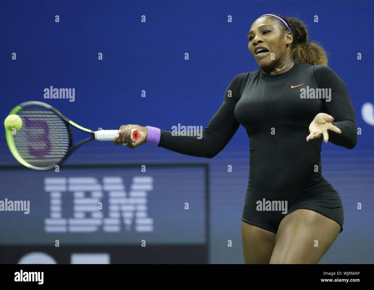 Flushing Meadow, United Stated. 03rd Sep, 2019. Serena Williams hits a forehand before defeating Qiang Wang of China in straight sets in the quarterfinals in Arthur Ashe Stadium at the 2019 US Open Tennis Championships at the USTA Billie Jean King National Tennis Center on Tuesday, September 3, 2019 in New York City. Photo by John Angelillo/UPI Credit: UPI/Alamy Live News Stock Photo