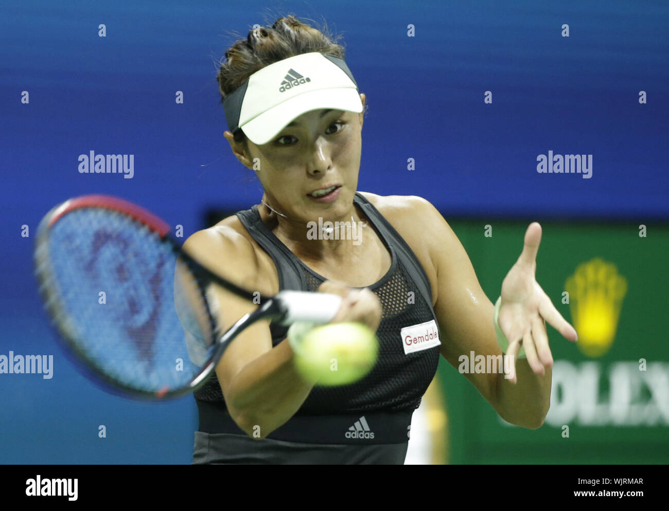 Flushing Meadow, United Stated. 03rd Sep, 2019. Qiang Wang of China hits a forehand before losing in straight sets to Serena Williams in the quarterfinals in Arthur Ashe Stadium at the 2019 US Open Tennis Championships at the USTA Billie Jean King National Tennis Center on Tuesday, September 3, 2019 in New York City. Photo by John Angelillo/UPI Credit: UPI/Alamy Live News Stock Photo